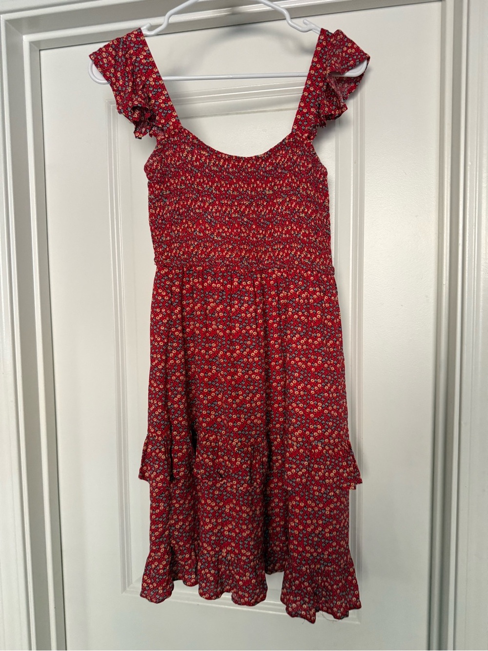 Altar'd State Red Floral Smocked Midi Dress with Ruffle Straps